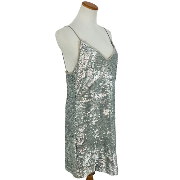 Mango Silver Sequin & Mesh Trim V-Neck Spaghetti Strap Mini Party Cocktail Dress - Picture 7 of 16